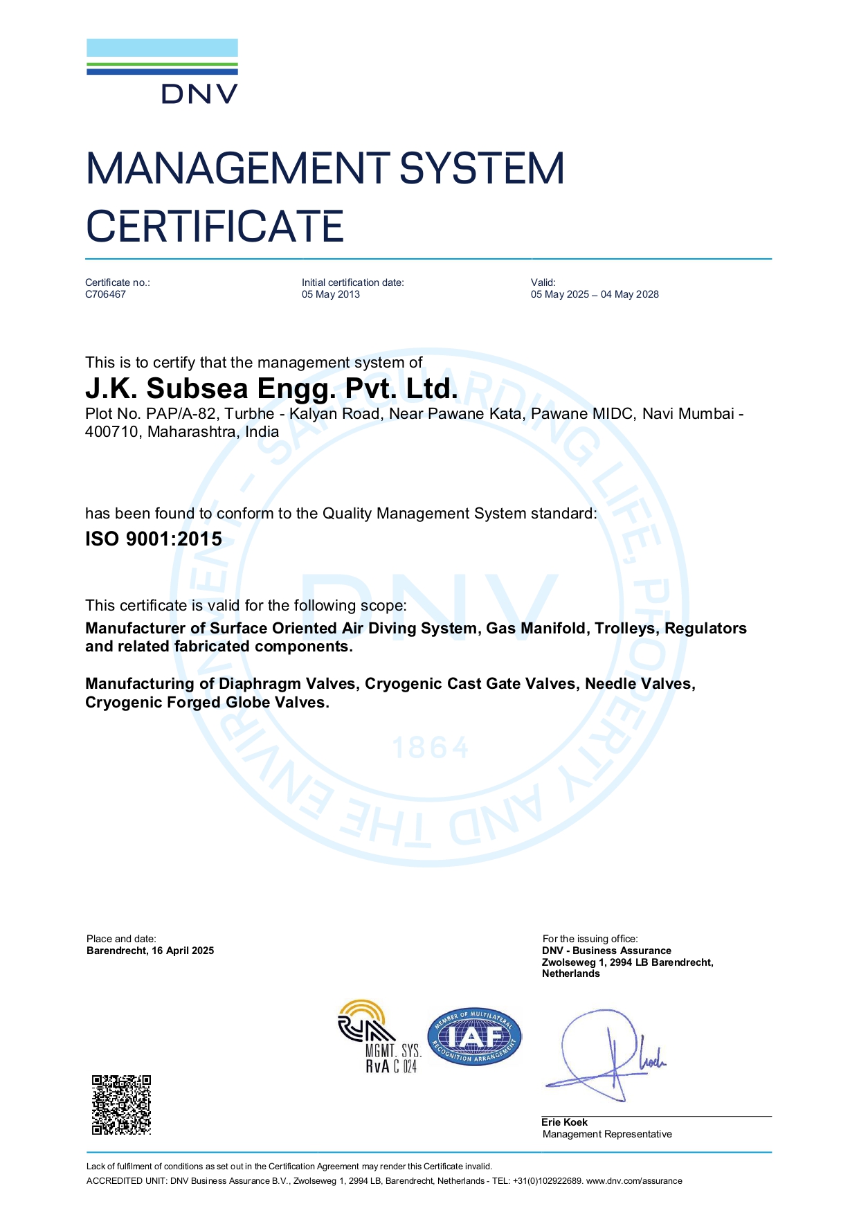 9001:2015
 Certificate of JKSEPL